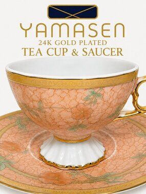 Vintage Yamasen Japan 24K Gold Plated Peach Floral Porcelain Tea Cup & Saucer